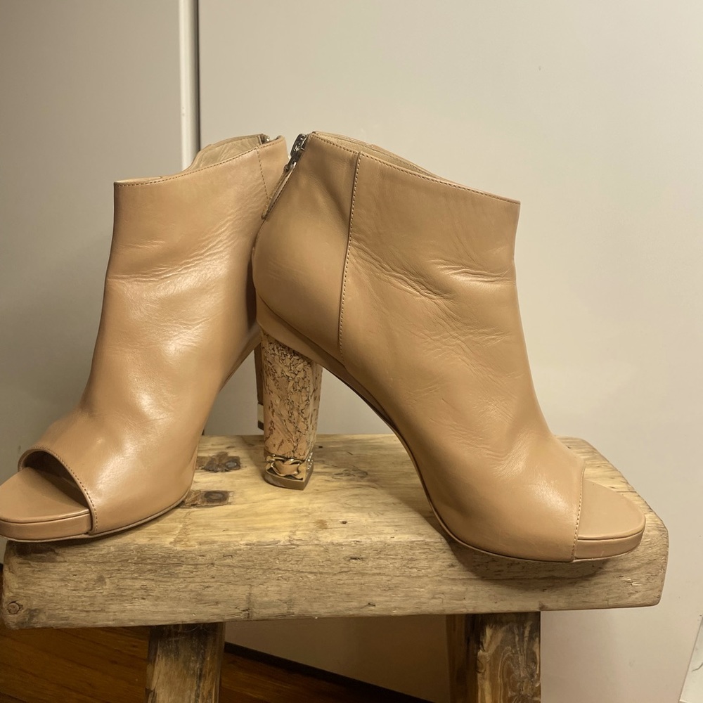 Chanel beige ankle boots peep toe cork heel and chain detail size 37